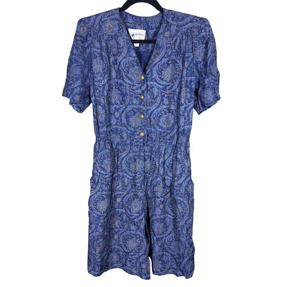 Vintage SL Petites Blue Paisley Button Front Romper Shorts Jumpsuit Size 8 USA